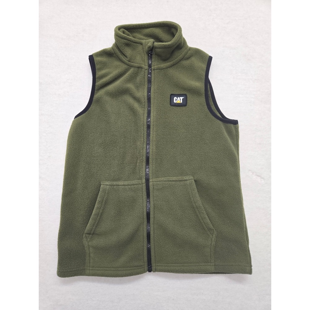 CAT Boys‎ Fleece Vest Mock Neck Full Zip Olive Green Workwear Sleeveless Jacket